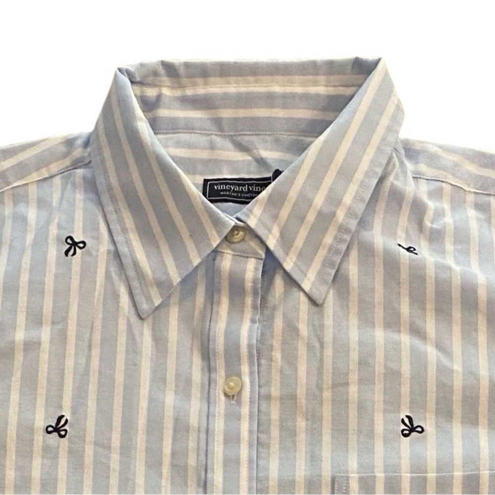 Vineyard Vines Womenās Blue White Striped Bows Button Down Shirt Large NEW